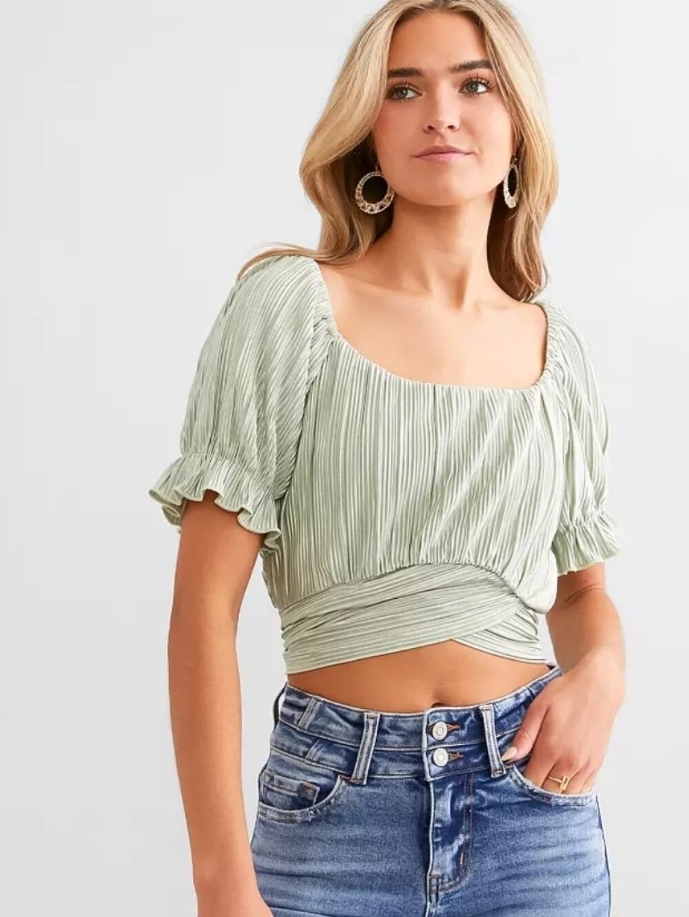 Square-Neck Pleated Wrap Crop Top in Sage Green